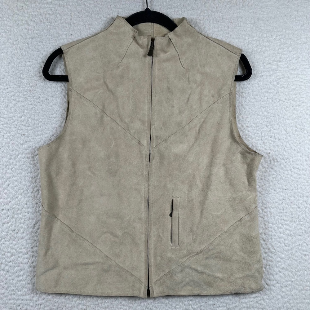 Calvin Klein Jeans Suede Leather Vest Women M Zip Front Mock Neck Tan Minimalist
